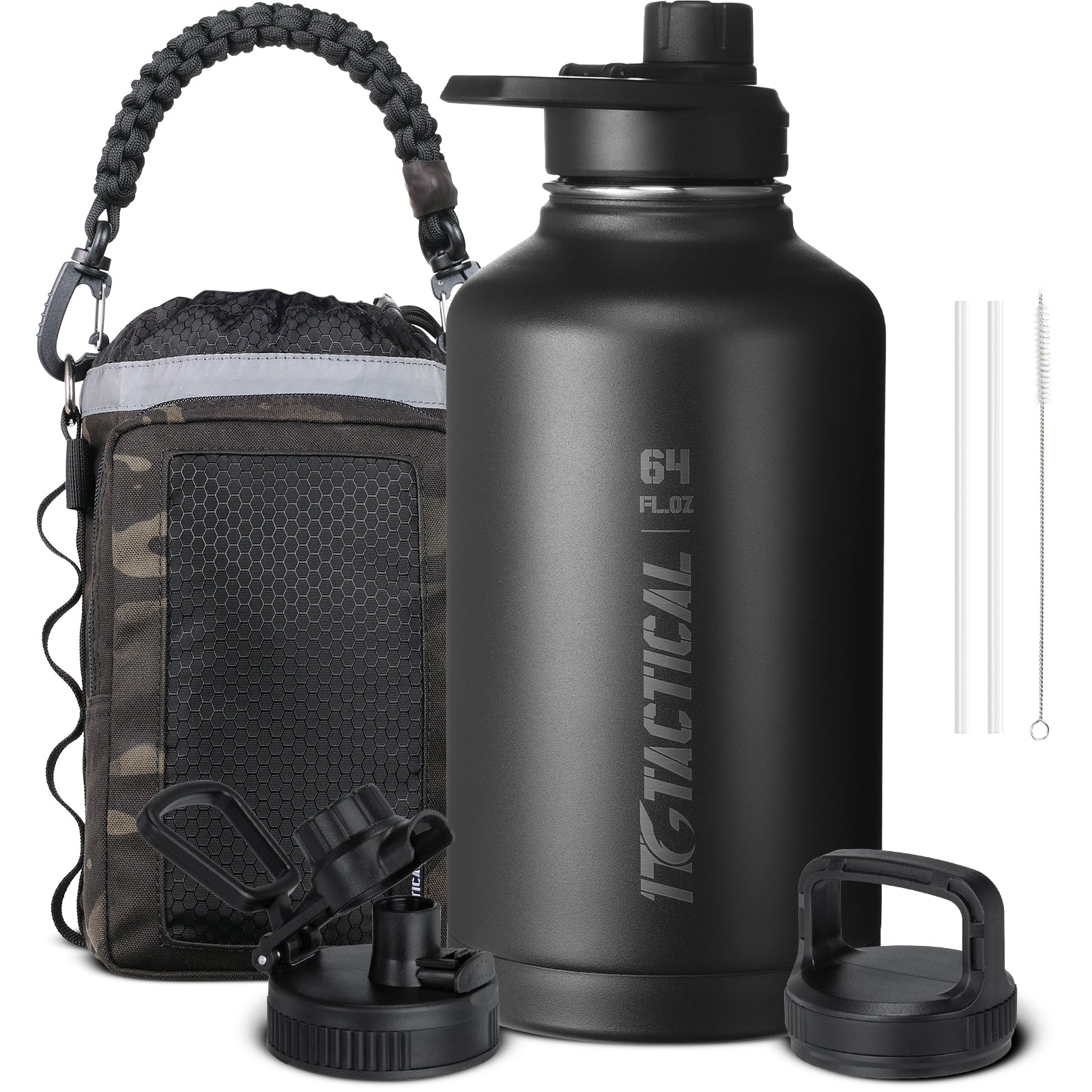 1TG 64oz Insulated Water Bottle Set | With 3 BPA-Free Lids,  MOLLE Pouch & Strap
