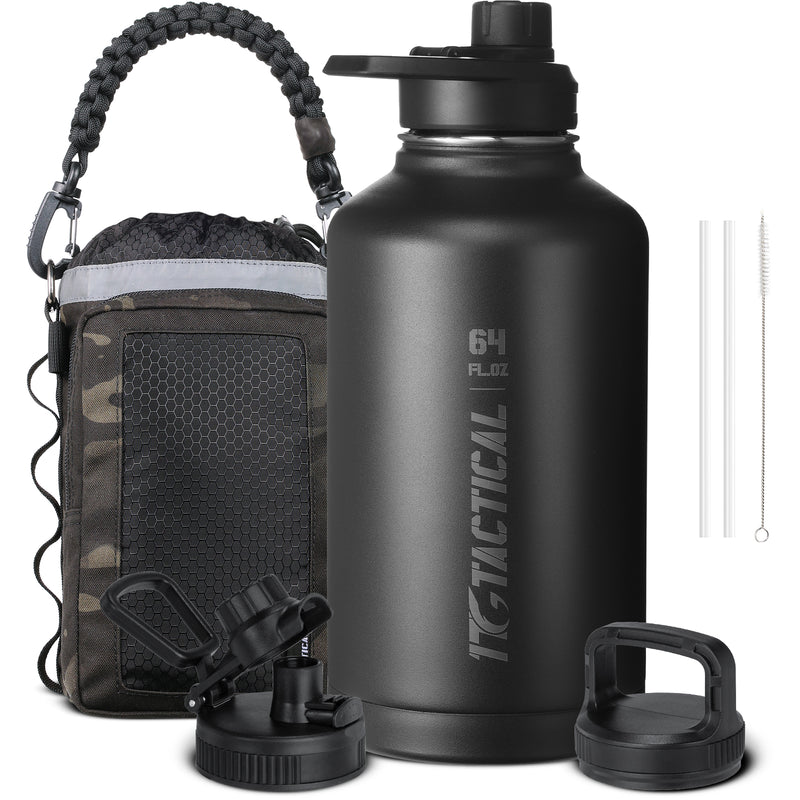 1TG 64oz Insulated Water Bottle Set | With 3 BPA-Free Lids,  MOLLE Pouch & Strap
