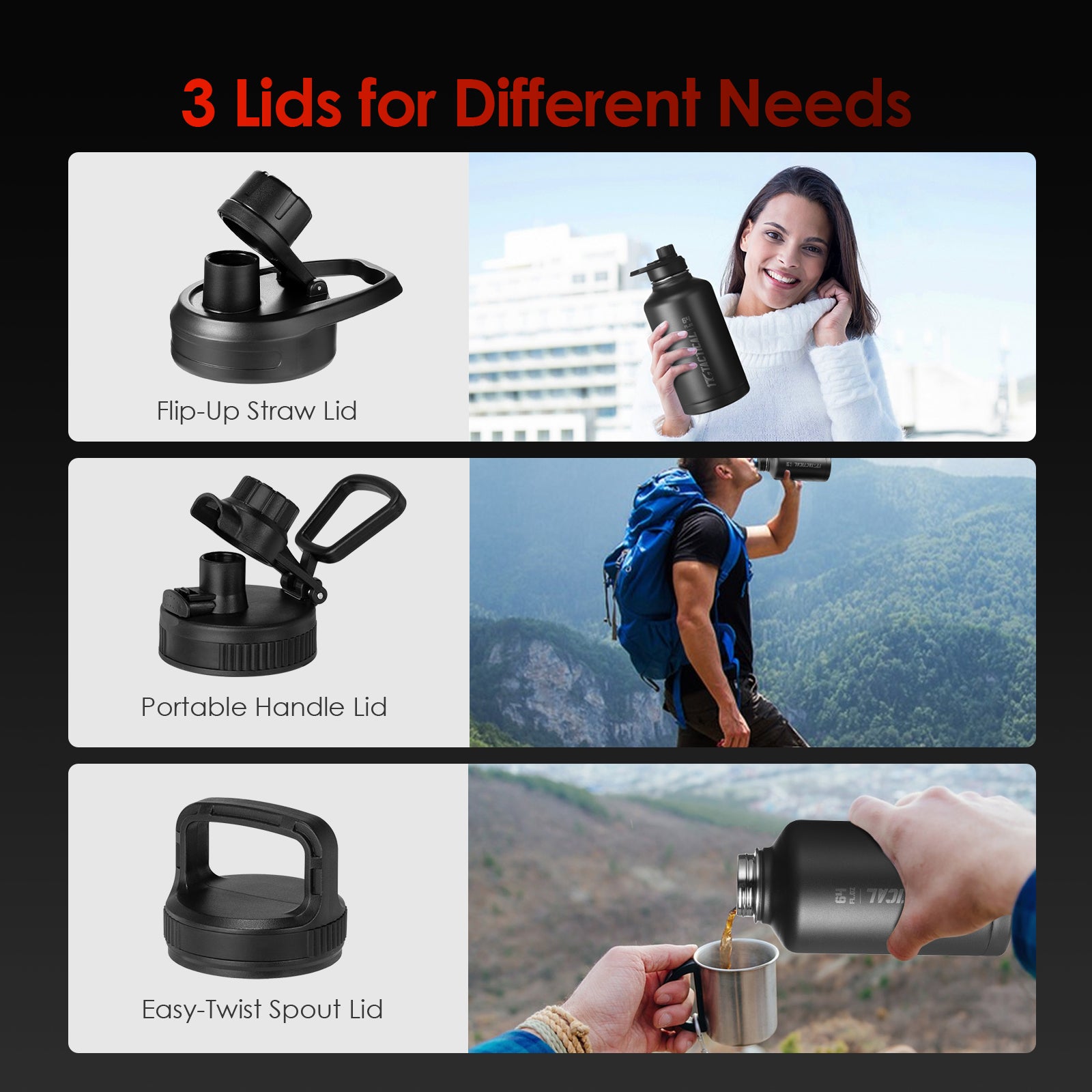 1TG 64oz Insulated Water Bottle Set | With 3 BPA-Free Lids,  MOLLE Pouch & Strap