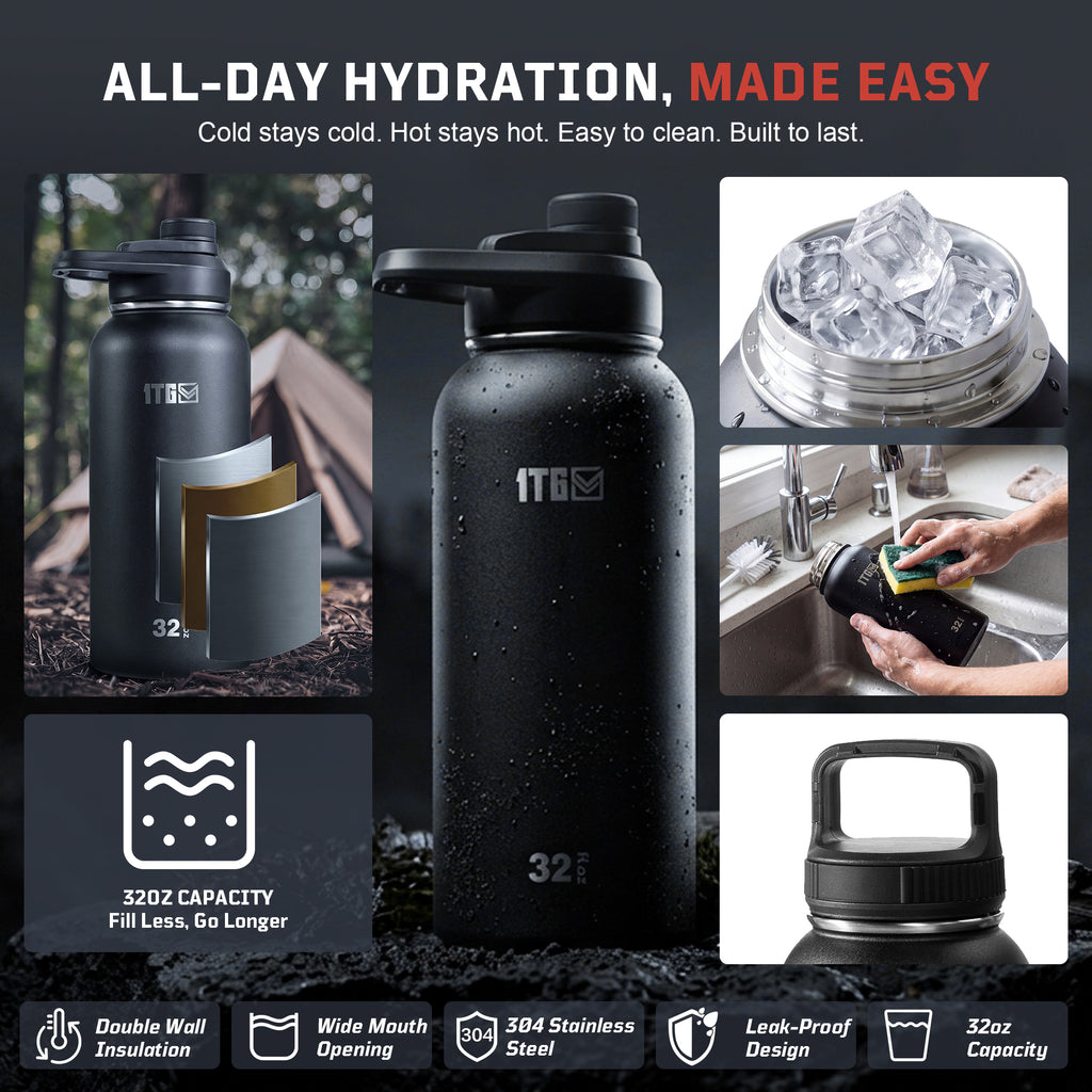 1TG 32oz Magnetic Water Bottle Set | Stainless Steel Bottle & 3 Lids