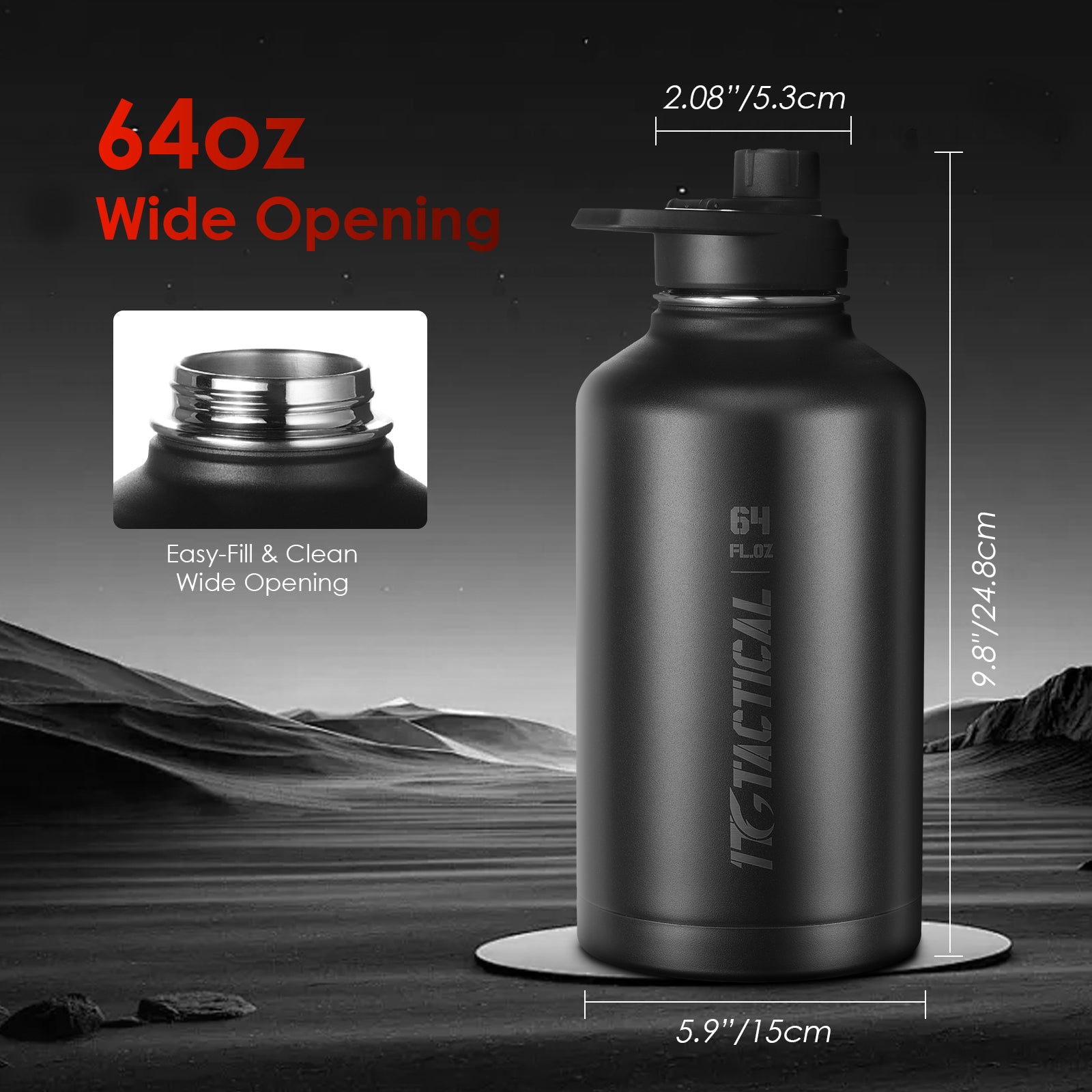 1TG 64oz Insulated Water Bottle Set | With 3 BPA-Free Lids,  MOLLE Pouch & Strap