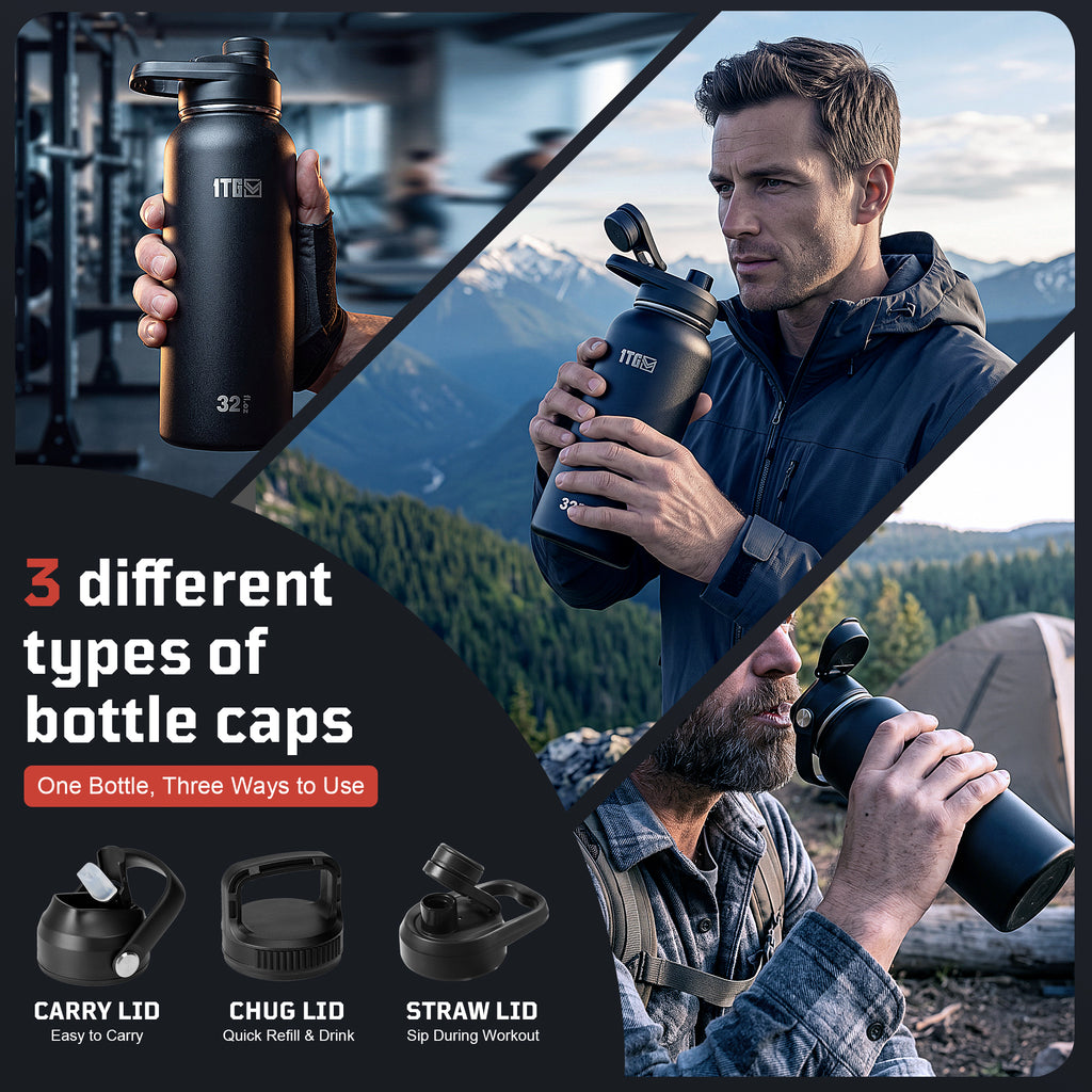 1TG 32oz Magnetic Water Bottle Set | Stainless Steel Bottle & 3 Lids