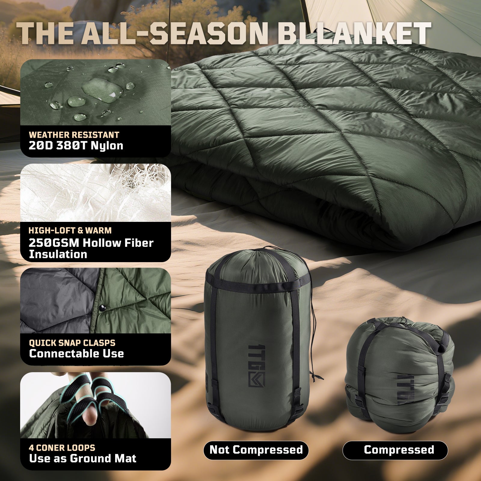 1TG 3M Thinsulate  380T Camping Blanket | With Snap Buttons & Water resistant