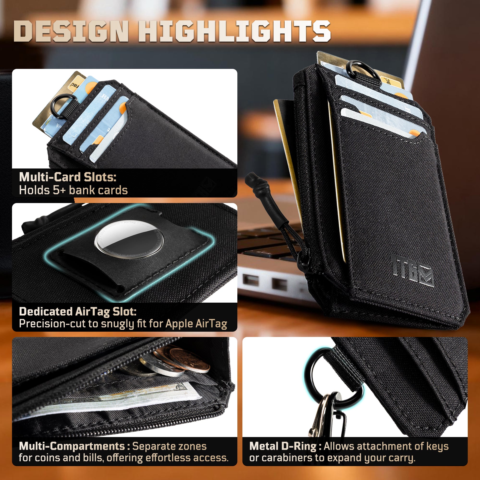 1TG Men's Slim Wallet | 500D Nylon, RFID Blocking & AirTag Slot