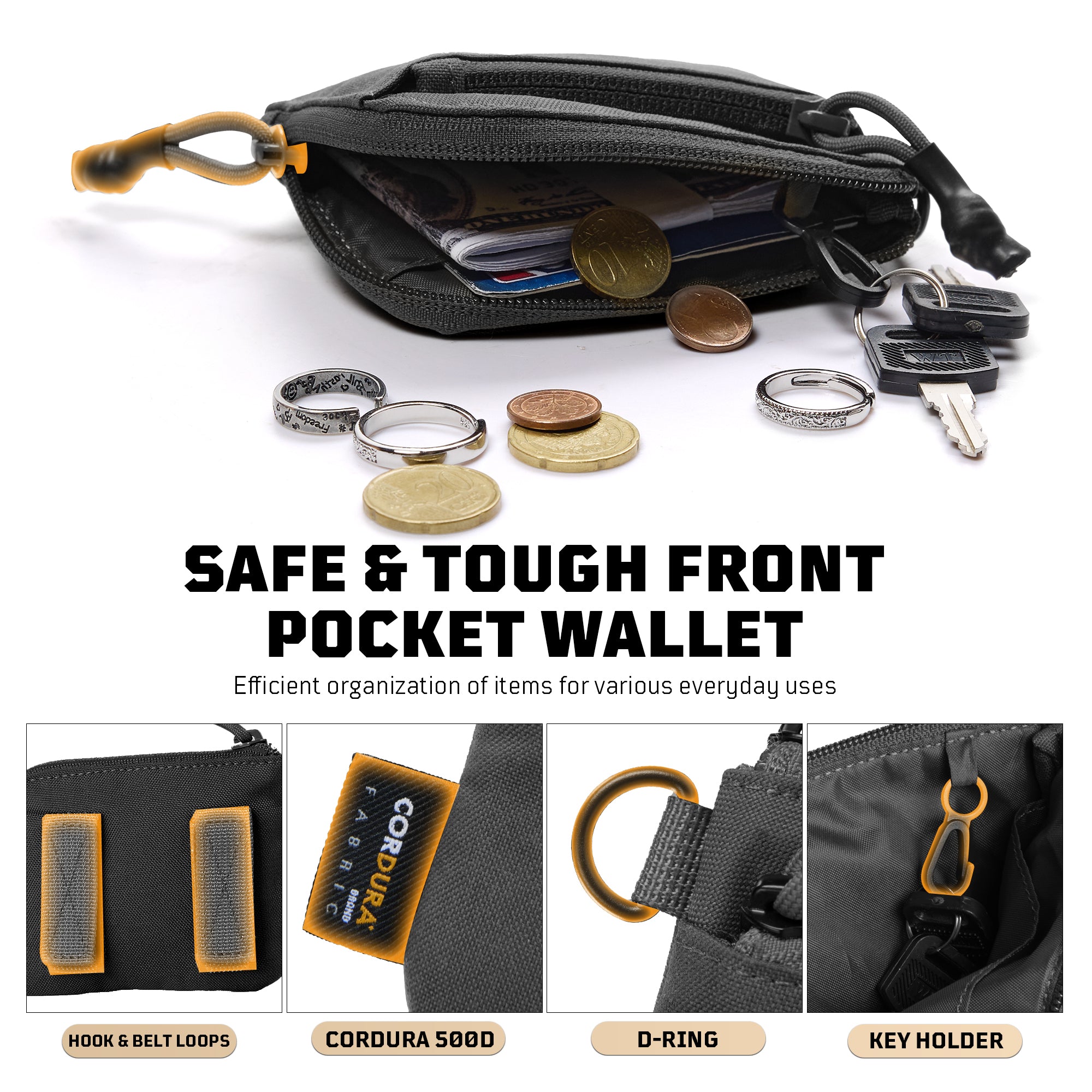 1TG EDC Coin Pouch Minimalist Wallet | With Belt clip & 500D CORDURA