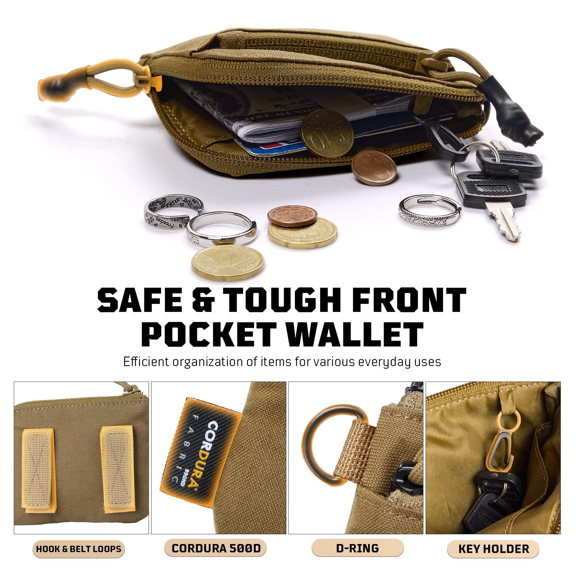 1TG EDC Coin Pouch Minimalist Wallet | With Belt clip & 500D CORDURA