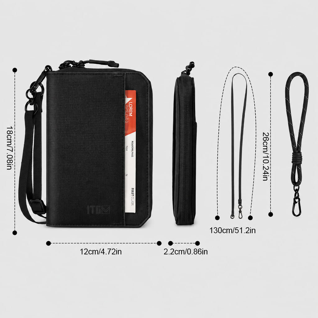1TG RFID Passport Wallet – Travel Organizer with Shoulder Strap & Multi-Card Storage