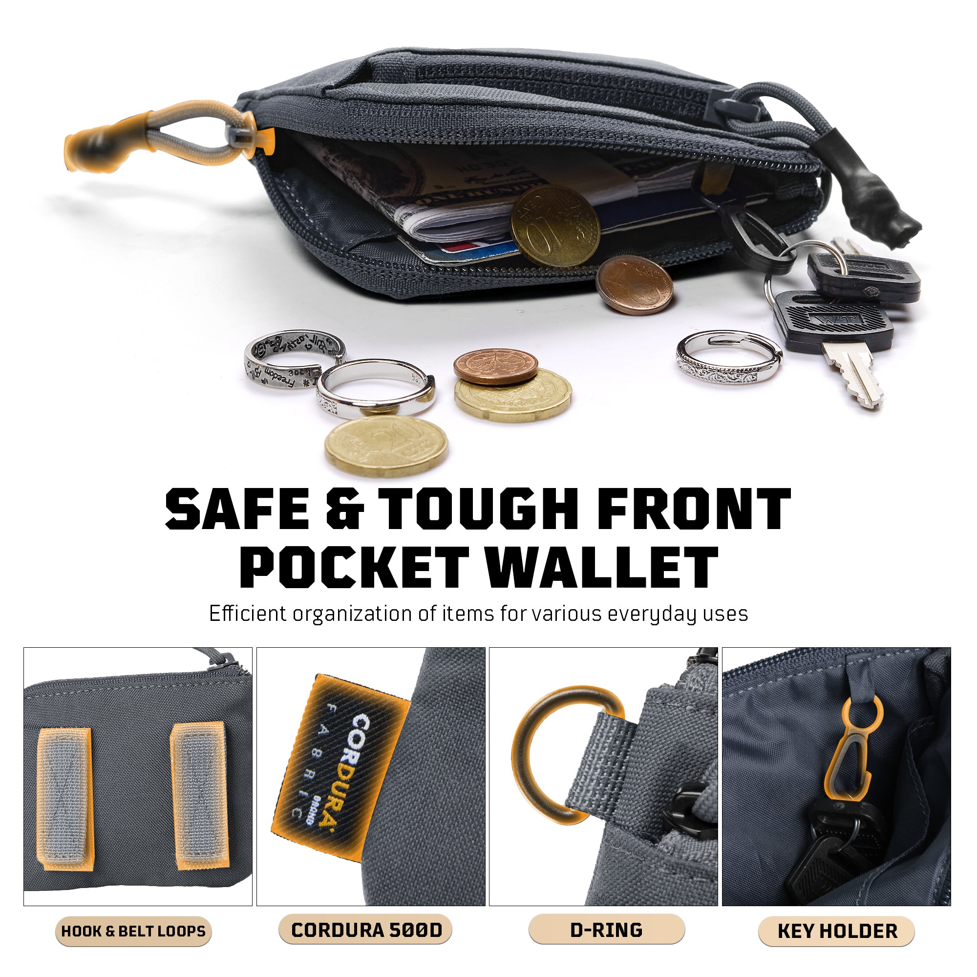 1TG EDC Coin Pouch Minimalist Wallet | With Belt clip & 500D CORDURA