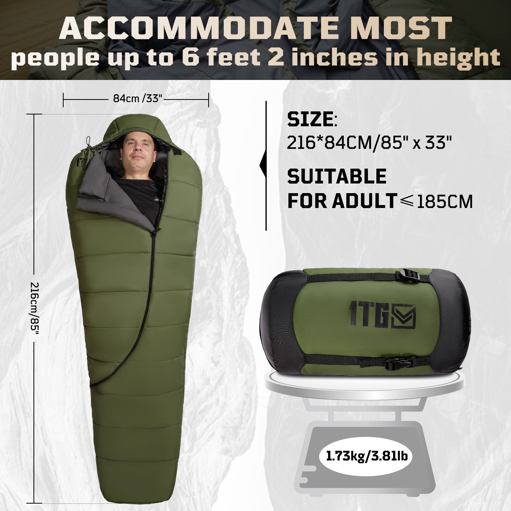 1TG Four-Season Mummy Sleeping Bag |  Diagonal Zipper&Suitable for 25-36℉