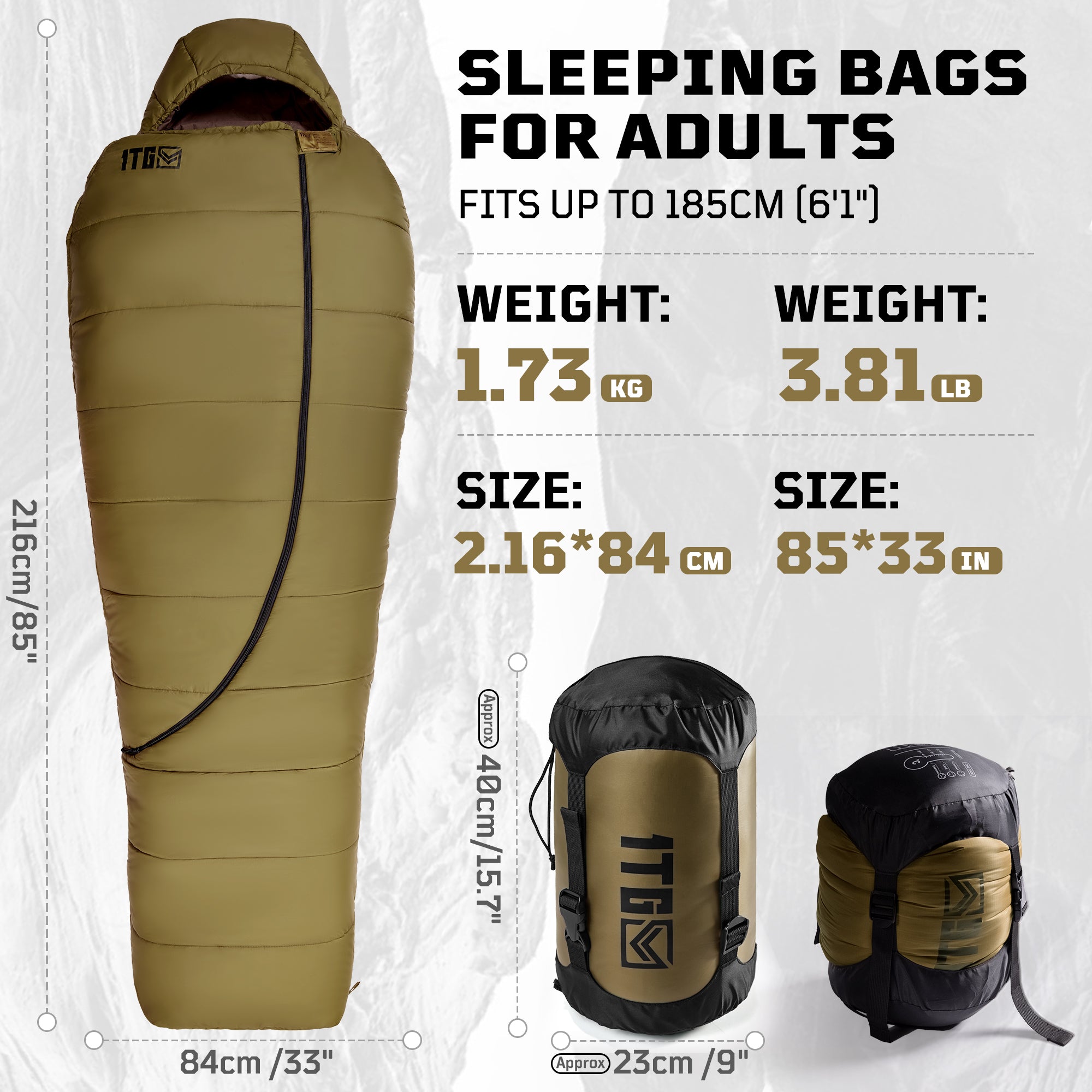 1TG Four-Season Mummy Sleeping Bag |  Diagonal Zipper&Suitable for 25-36℉